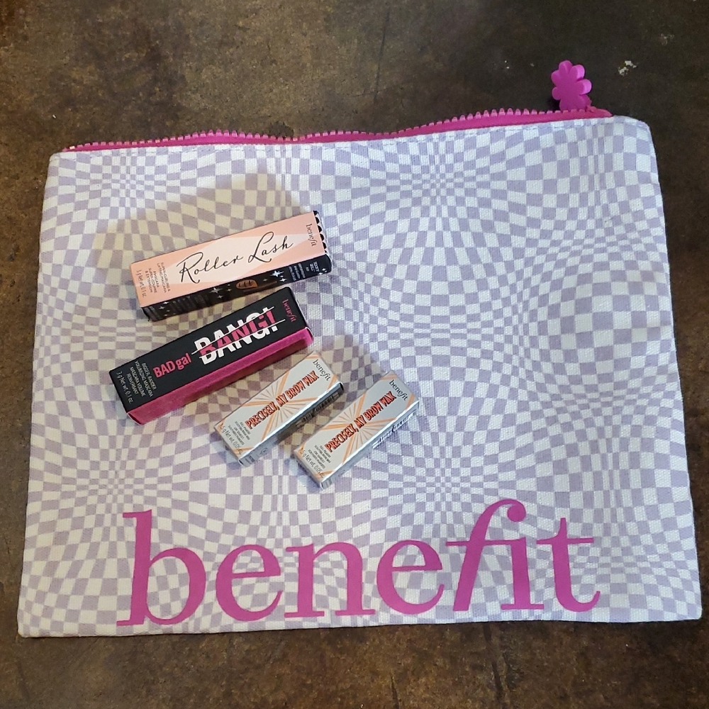 Benefit Pink & White Checkered Cosmetic Pouch with Extras